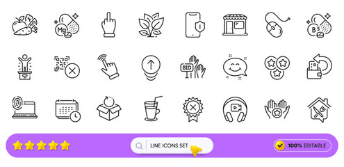 Smartphone protection, Cash back and Return package line icons for web app. Pack of Cursor, Headphones, Vegetables pictogram icons. Bid offer, Smile chat, Reject medal signs. Stars. Search bar. Vector