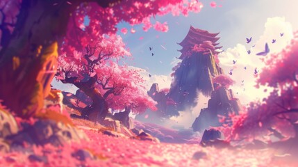 Naklejka premium Serene Spring Beauty: Pink Sakura Blossoms and Fluttering Butterflies in a Peaceful Landscape, Capturing Nature's Delicate Charm