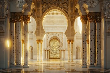 Entrance to a mosque with a mosque in the background, concept of Eid-al-Adha, Eid Mubarak, Ramadan, Feast of Sacrifice.