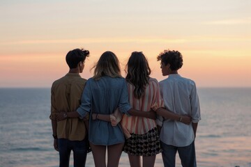 Four friends standing with their backs hugging each other looking at the sea, concept of Friendship Day, human connection.