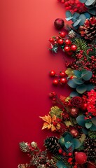 Festive christmas and new year decoration ornaments on red background with space for text