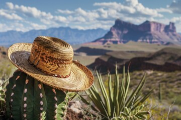 Mexican hat on cactus, desert in the background, Cinco de Mayo concept, Mexican culture.