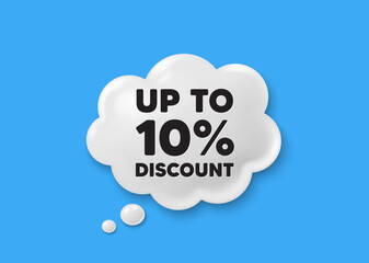 Up to 10 percent discount tag. Comic speech bubble 3d icon. Sale offer price sign. Special offer symbol. Save 10 percentages. Discount tag chat offer. Speech bubble comic banner. Vector