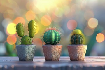 Various types of cacti 3D style, Cinco de Mayo concept, bokeh background.