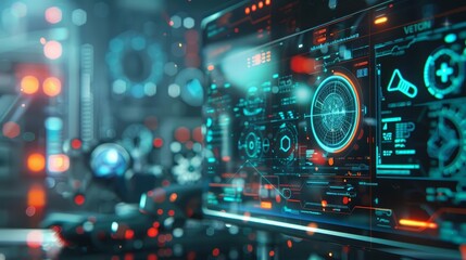 Futuristic spaceship cockpit control panel. Elements of this image include a digital screen with a variety of readouts, buttons, and switches.