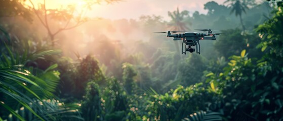 A professional drone pilot is flying a drone over a lush green rainforest