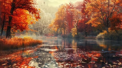 A beautiful autumn landscape with a lake, trees, and mountains