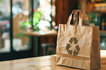 brown paper bag with a recycle logo on it