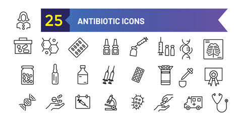 Antibiotic icons set. Outline set of antibiotic vector icons for ui design. Outline icon collection. Editable stroke.