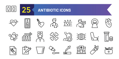 Antibiotic icons set. Outline set of antibiotic vector icons for ui design. Outline icon collection. Editable stroke.