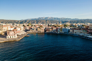 Aerial top view by drone of Chania city, Crete island, Greece.
