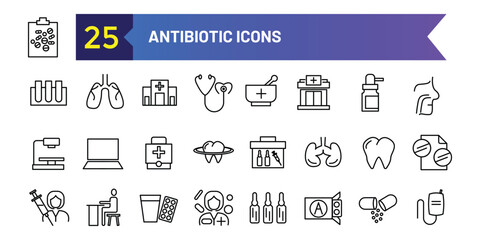 Antibiotic icons set. Outline set of antibiotic vector icons for ui design. Outline icon collection. Editable stroke.