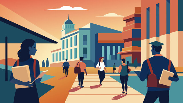 Diverse University Students Walking on Campus at Sunset