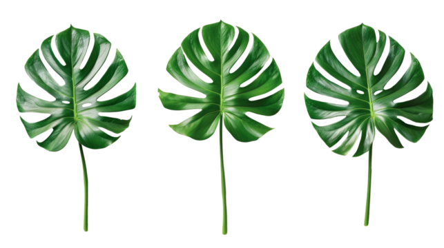 Three tropical monstera green leaves top view on a transparent background.