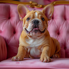Fototapeta premium Young Curious Bulldog Dog Puppy Sitting On Pink Sofa Indoor. Lovely pets.