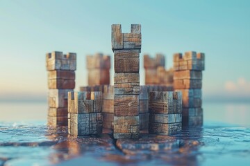 A fortress constructed from wooden blocks, representing data privacy, with each block symbolizing a layer of security measures to protect user information, clear sky background for text