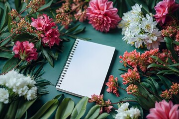 A spiral notebook with blank white pages surrounded by vibrant flowers and green leaves on an emerald background, creating a visually appealing composition for writing or sketching ideas.