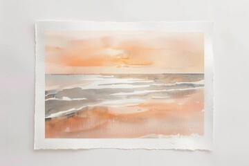Aquarelle painting of a beach at sunset in peach and gray.