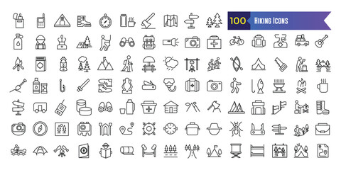Hiking icons set. Outline set of hiking vector icons for ui design. Outline icon collection. Editable stroke.