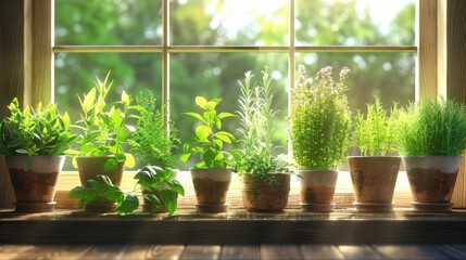 Herb garden on the windowsill, featuring aromatic herbs for cooking and medicinal purposes.