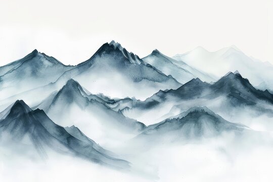 An abstract watercolor painting of blue and gray mountains in the fog. The mountains are in the distance and are shrouded in mist. The foreground is a dark blue lake.