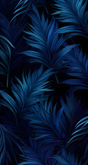 Dark background with tropical leaves. Flay lay template with hawaiian plants. Blue pattern with exotic jungle plants. Banner with monstera, sabal palm leaves, indigo blue phoenix palm leaves ornament. - obrazy, fototapety, plakaty