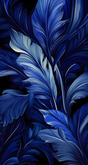 Dark background with tropical leaves. Blue pattern with exotic jungle plants. Banner with monstera, sabal palm leaves, indigo blue phoenix palm leaves ornament. Flay lay template with hawaiian plants. - obrazy, fototapety, plakaty