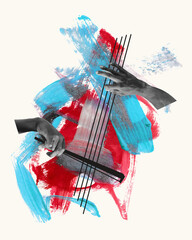 Vector illustration. Contemporary art collage. Male hands playing violin on light background with abstract design elements. Concept of music lifestyle, creativity, inspiration, imagination, ad.