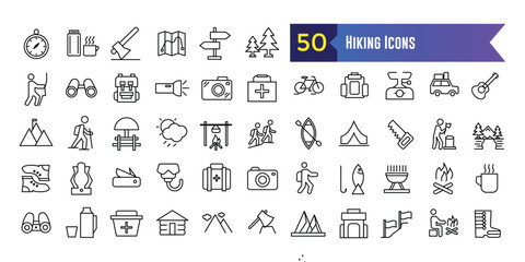 Hiking icons set. Outline set of hiking vector icons for ui design. Outline icon collection. Editable stroke.