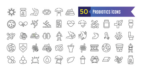Probiotics Icons set. Outline set of Probiotics Icons vector icons for web design. Outline icon collection. Editable stroke.
