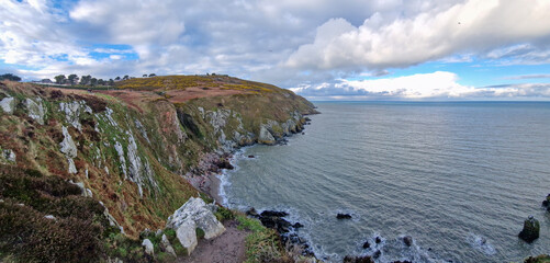 Obraz premium From Howth's lofty trails, Dublin Bay stretches out like a vast azure tapestry, stitching together land and sea in a breathtaking display of nature's grandeur.