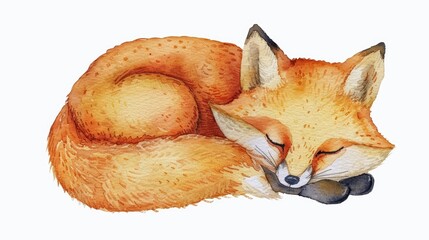 Naklejka premium A watercolor painting of a sleeping fox