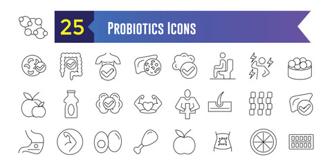 Probiotics Icons set. Outline set of Probiotics Icons vector icons for web design. Outline icon collection. Editable stroke.