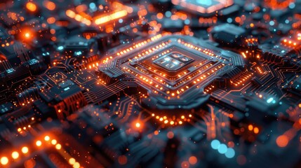 The image is of a computer chip with orange and blue lights. The chip is made of silicon and is used to process information.