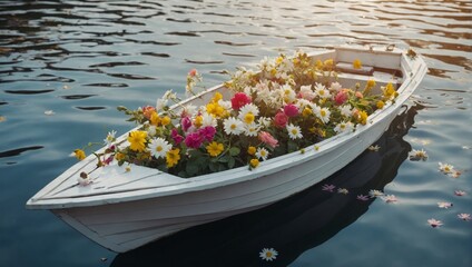 Obraz premium white boat filled with flowers