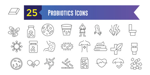 Probiotics Icons set. Outline set of Probiotics Icons vector icons for web design. Outline icon collection. Editable stroke.