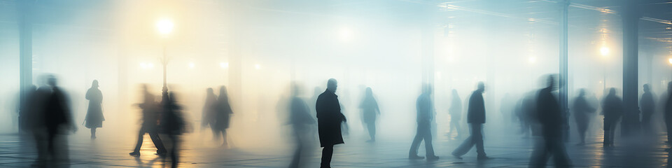 Obraz premium crowd of people in blurry motion in the fog of a city street, long narrow panoramic view, abstract background, urban smoke, concept social issues