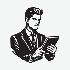 A man in a suit is holding a tablet. Young Business man with gadget. Male character standing in suit holding tablet. Internet and network in device. Isolated flat vector illustration.