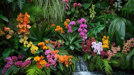 Vibrant orchid display in a tropical setting with waterfall.