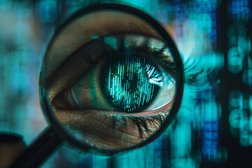 An eye peering through a magnifying glass focused on digital code, highlighting the importance of vigilance against online threats.