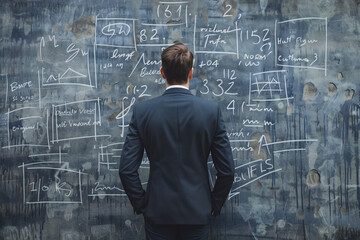 A man in a suit standing in front of a board filled with calculations and charts. Symbolizes analysis, strategy, and business planning. Perfect for campaigns focused on business, finance, 