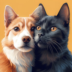 Gray cat and red dog on a brown background Cute fluffy pets detailed wool high resolution 
