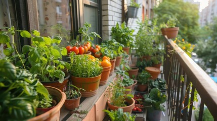 Container garden on a balcony with a variety of vegetables thriving in pots, showcasing urban gardening.