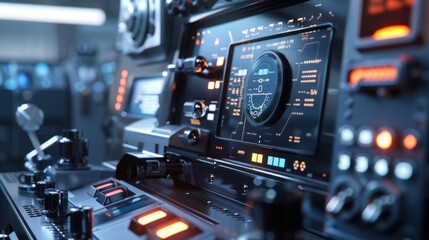 Futuristic spaceship abstract technological control panel with toggle switches and buttons or panel of unknown device or space ship