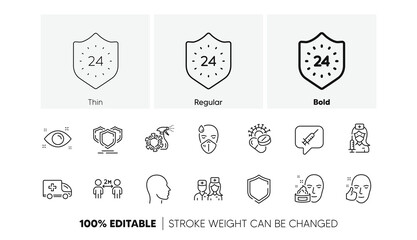 Health eye, Social distancing and Coronavirus pills line icons. Pack of Head, Sick man, 24 hours icon. Doctor, Face cream, Healthy face pictogram. Coronavirus spray, Shield, Shields. Vector