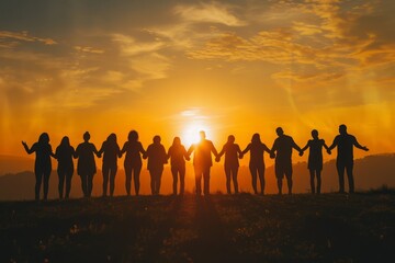 Silhouette of a group of 10 people holding hands in a line