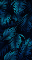 Dark background with tropical leaves. Flay lay template with hawaiian plants. Blue pattern with exotic jungle plants. Banner with monstera, sabal palm leaves, indigo blue phoenix palm leaves ornament.