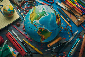 High-angle shots of a globe surrounded by diverse office tools, emphasizing global business strategies.