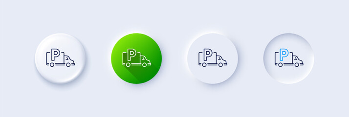Truck parking line icon. Neumorphic, Green gradient, 3d pin buttons. Car park sign. Transport place symbol. Line icons. Neumorphic buttons with outline signs. Vector