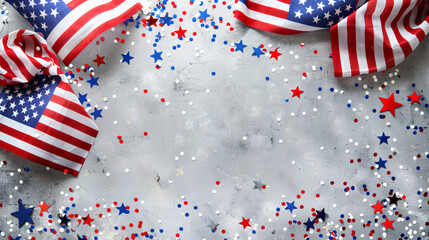 USA flags stars and confetti on grey background. 